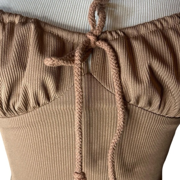 Shein Women’s Tan Ribbed Cottage Crop Top with Ruffle Hem - Picture 6 of 9